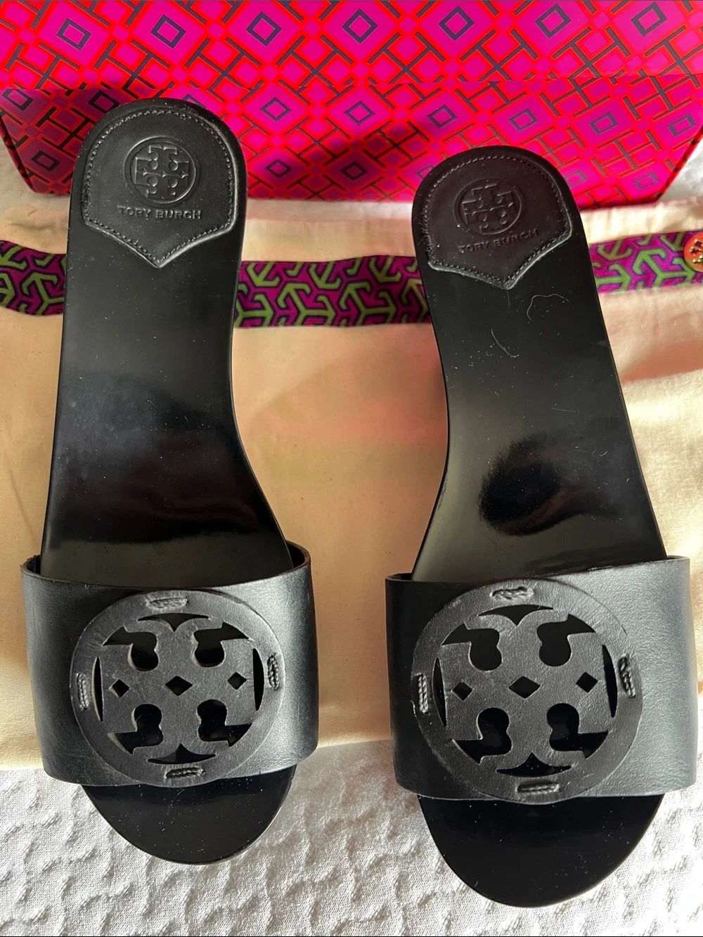 Tory Burch Black Leather Logo Slide Mules